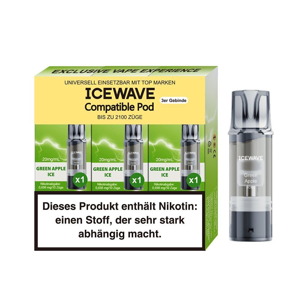 Icewave Pods - Green Apple Ice 20mg Icewave Pods Green Apple Ice 20mg mit drei Pods, kompatibel, enthält Nikotin, Warnhinweis zum Suchtpotenzial auf der Verpackung
