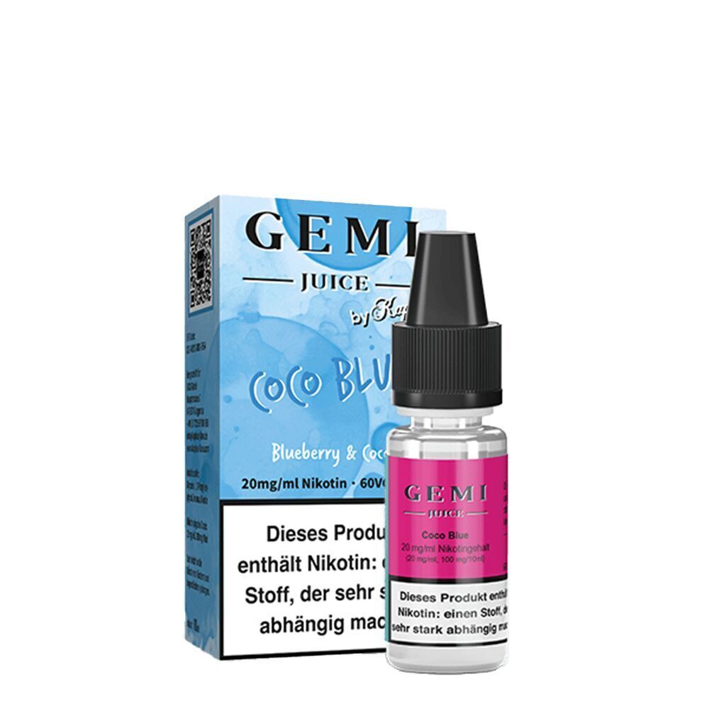 Kapkas Gemi Juice Coco Blue Nikotinsalz mit 20mg Nikotin, abgebildet mit blauer Verpackung und pinkem Etikett, Hinweis auf Nikotinsuchtgefahr.