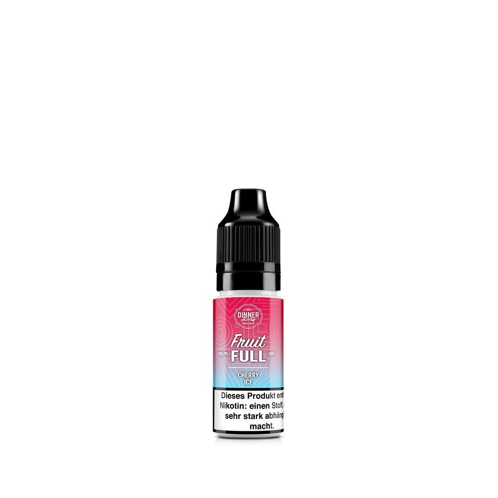 Dinner Lady Fruit Full Nikotinsalz Cherry Ice 10ml Flasche mit pinkem Etikett und schwarzem Verschluss, Warnhinweis über Nikotin-Inhalt sichtbar.