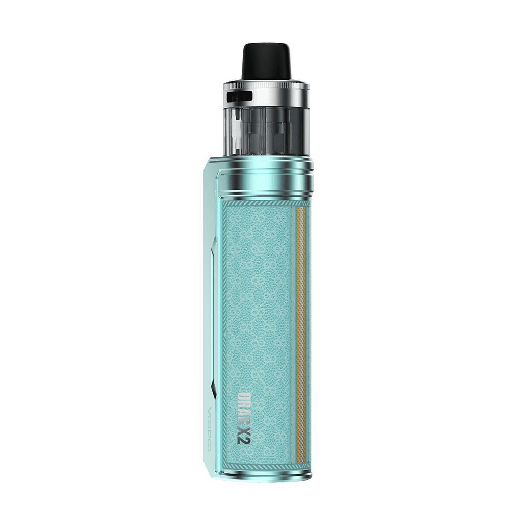 Voopoo Drag X2 Pod Kit in der Farbe Snow Blue Voopoo Drag X2 Pod Kit in Snow Blue mit silbernem Rahmen, schwarzem Mundstück und texturiertem türkisfarbenem Gehäuse.