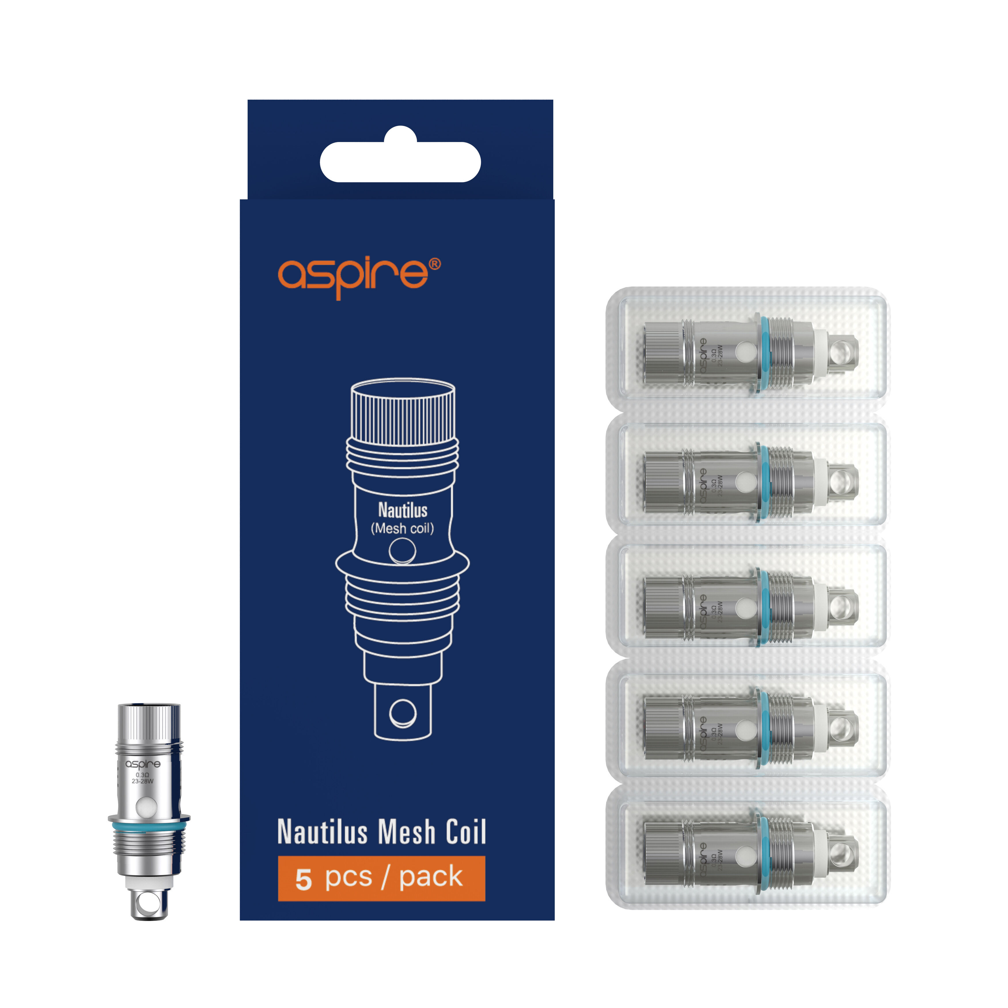 Aspire BVC Coils Verpackung mit einem eingezeigten Nautilus Mesh Coil und fünf einzeln verpackten Coils rechts daneben.