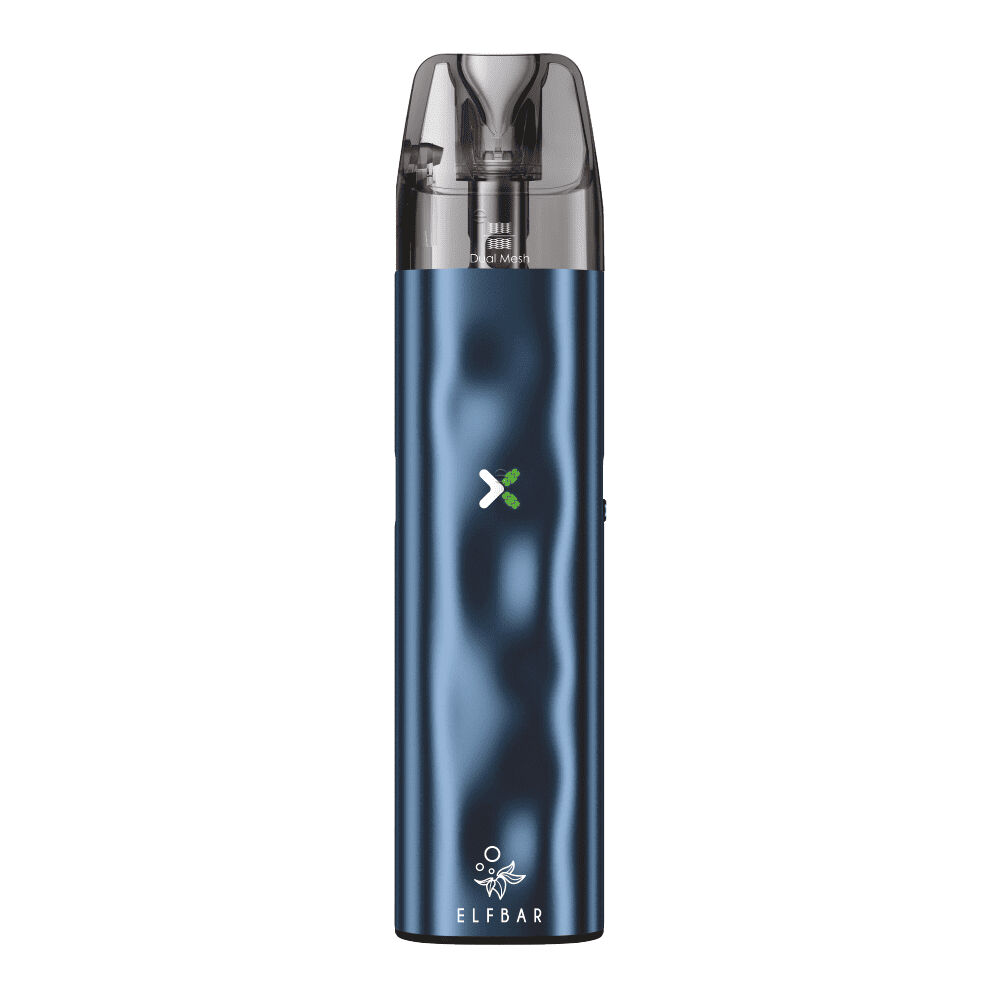 Elfbar Elfx Mini Pod Kit in metallisch glänzendem Blau mit durchsichtigem Oberteil und kleinem Logo zentriert an der Unterseite.