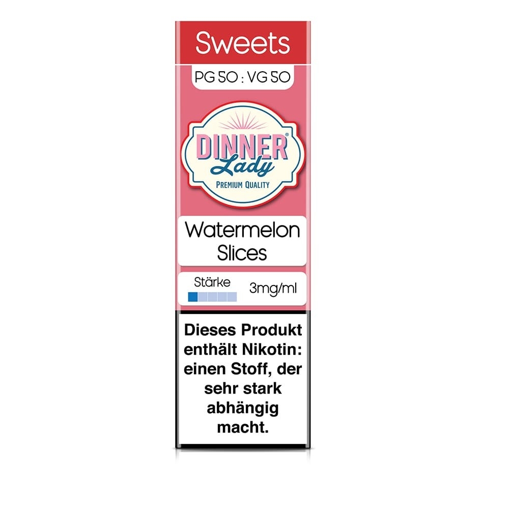 Dinner Lady Liquid Watermelon Slices Flasche mit Nikotinwarnung, enthält 3mg/ml Stärke, PG 50 : VG 50 Verhältnis, Verpackung in Rosa mit Logo.