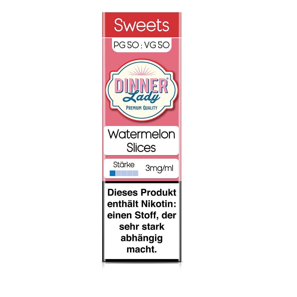 Dinner Lady Liquid - Watermelon Slices 3mg Dinner Lady Liquid Watermelon Slices Flasche mit Nikotinwarnung, enthält 3mg/ml Stärke, PG 50 : VG 50 Verhältnis, Verpackung in Rosa mit Logo.