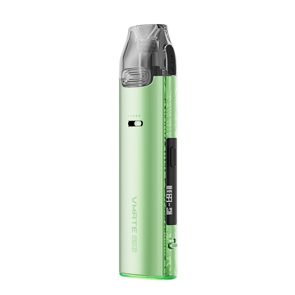 Voopoo Vmate Pro 2 Pod Kit - Fresh Green Voopoo Vmate Pro 2 Pod Kit - Fresh Green, schlankes Design mit transparentem Mundstück und Display, Anzeige für Akkustand und Einstellungen.