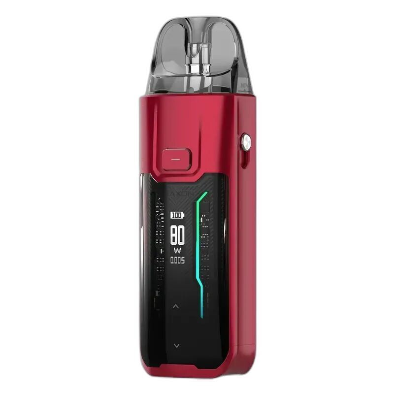 Vaporesso Luxe XR Max Pod Kit Red Rotes Vaporesso Luxe XR Max Pod Kit mit transparentem Mundstück, Display zeigt 80W an, rechteckiger Feuerknopf, silberner Seitenschalter
