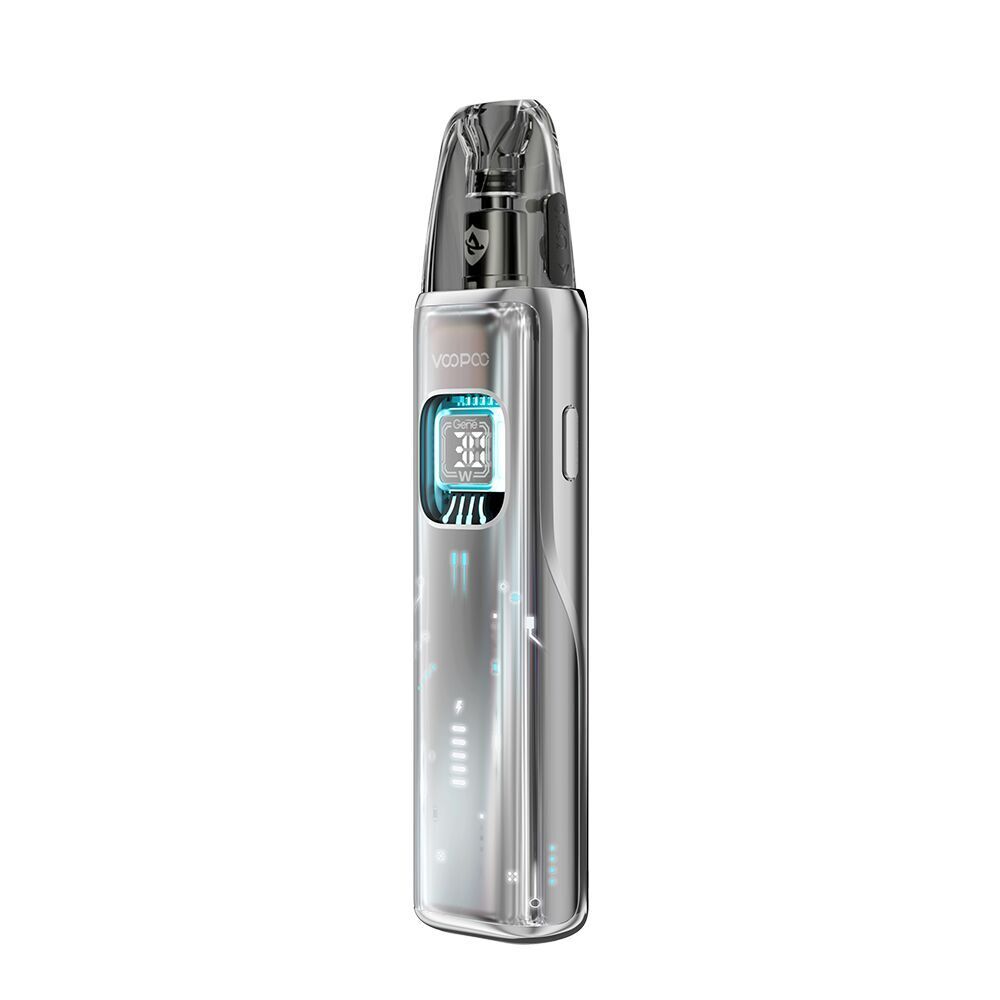 Voopoo Argus Matrix Pod Kit - Astral Silver Voopoo Argus Matrix Pod Kit in Astral Silver mit transparentem Mundstück und digitalem Display auf der Vorderseite.