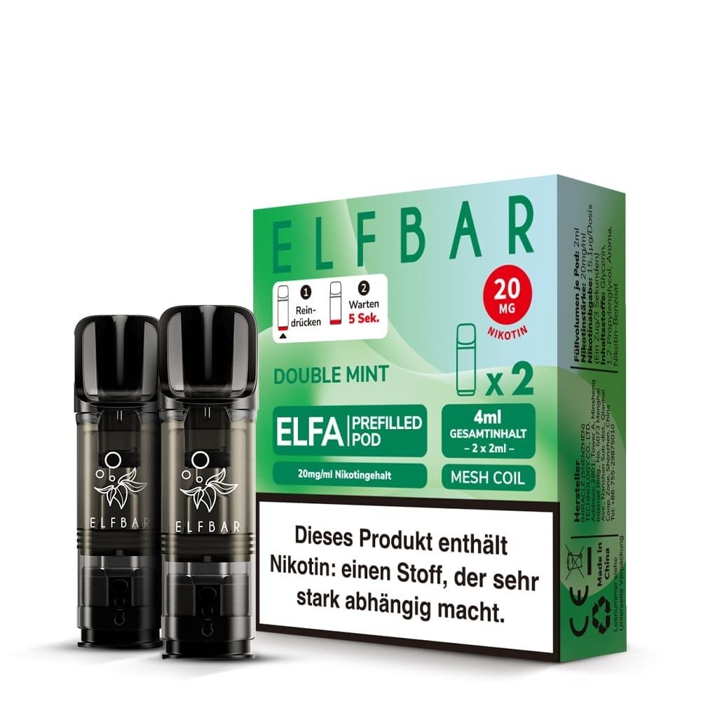 ELB552 Elfbar ELFA Pods Double Mint 20mg, zwei schwarze Pods vor einer Verpackung mit grünem Design, enthält 4ml Gesamtinhalt, Nikotinwarnung sichtbar.