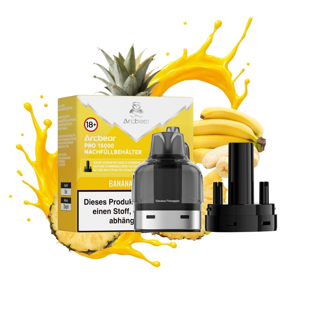 Arcbear Pro 15000 Pods - Banana Pineapple 20mg Arcbear Pro 15000 Pod Banana Pineapple 20mg mit Packung, schwarzem Pod und Adapter, umgeben von Ananas, Bananen und gespritztem Saft
