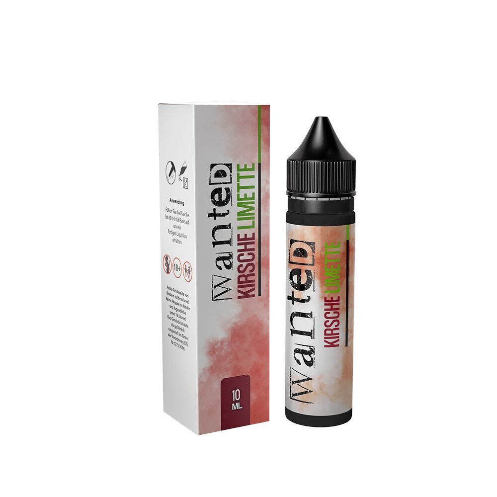Aroma Kirsche Limette von Wanted Wanted Aroma Kirsche Limette Flasche und Verpackung mit Aufdruck, schwarze Kappe, 10 ml Größe, auf weißem Hintergrund.