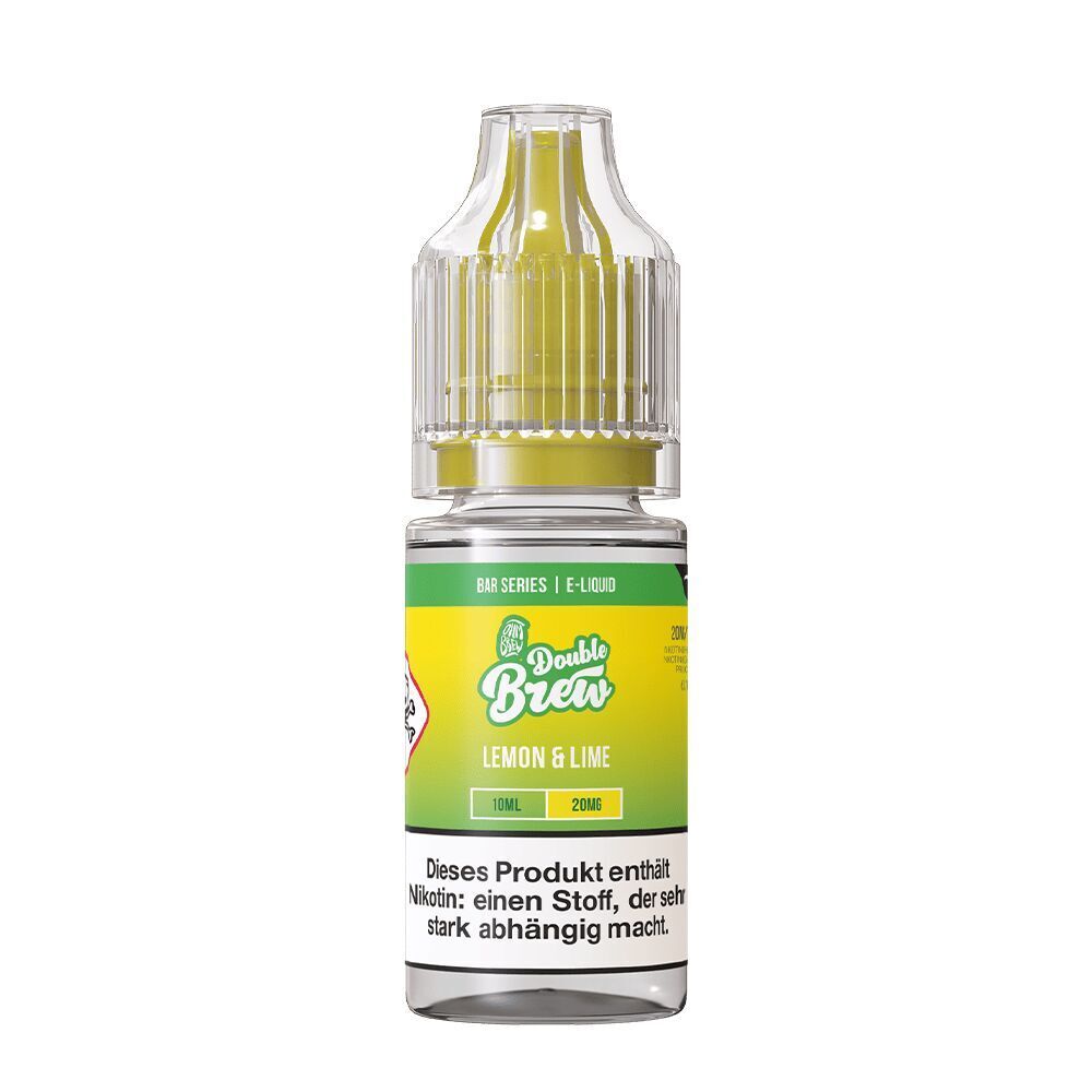 Liquid Lemon & Lime 20mg - Double Brew Flasche Double Brew Lemon & Lime Nikotinsalz 20mg mit gelbem Etikett und Hinweis auf Nikotinhaltigkeit, 10ml Kapazität