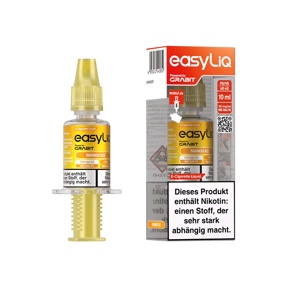 Grabit EasyLiQ Liquid - Mango Ice 20mg Grabit EasyLiQ E-Zigaretten Liquid Mango Ice 20mg in gelber Spritze, warnhinweisender Aufdruck, Verpackung zeigt Warnhinweis auf Nikotingehalt