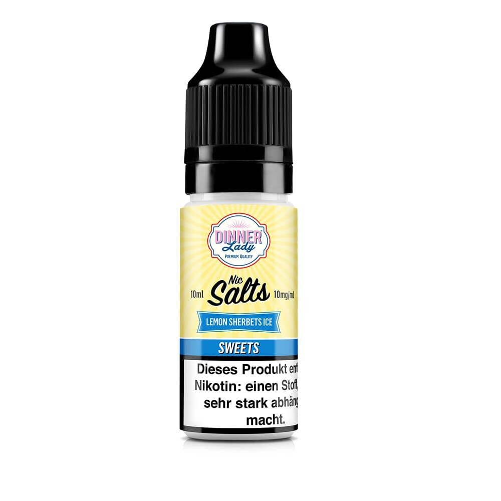 Dinner Lady Nikotinsalz Flasche mit Lemon Sherbets Ice 10mg Label, schwarzem Verschluss und Warnhinweis zu Nikotininhalt