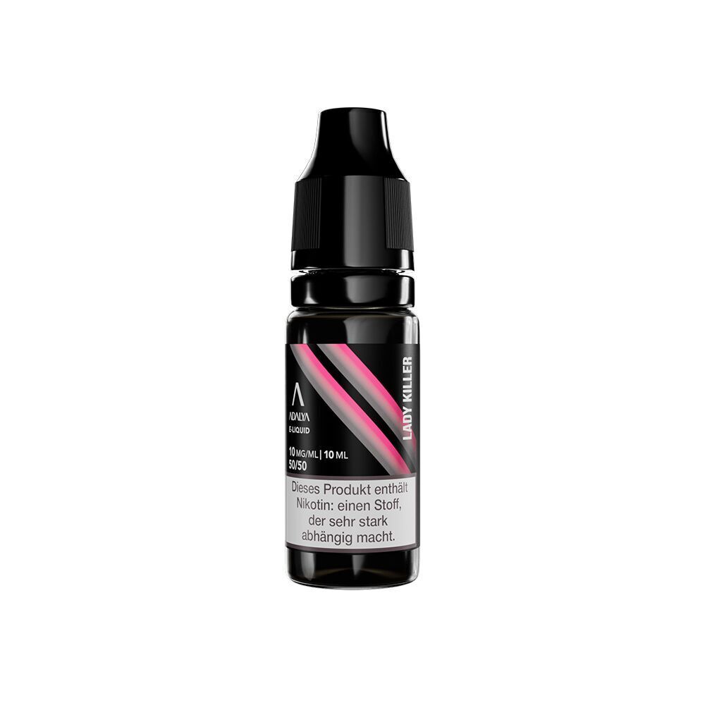 Liquid Lady Killer 10mg - Adalya Nikotinsalz Adalya Nikotinsalz Lady Killer 10mg Flasche, schwarzes Etikett mit pinken Streifen, Warnhinweis zu Nikotin auf der Vorderseite.