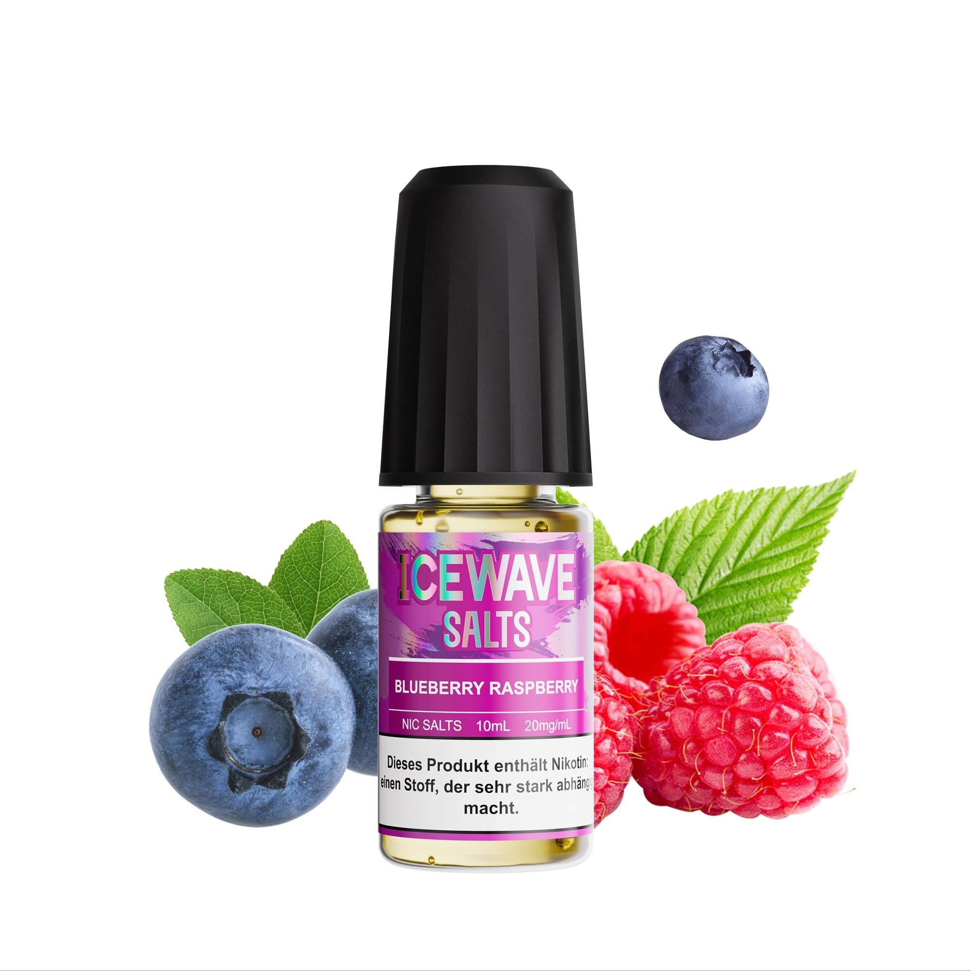 Icewave Nikotinsalz - Blueberry Raspberry 20mg Icewave Nikotinsalz-Fläschchen Blueberry Raspberry 20mg mit blauen und roten Beeren und grünen Blättern im Hintergrund.