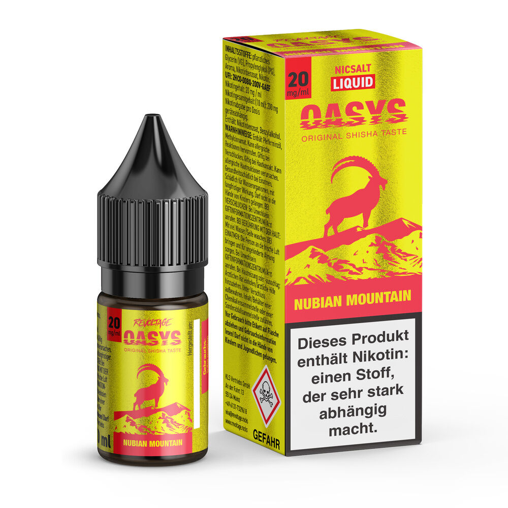 Revoltage Oasys Hybrid Liquid - Nubian Mountain Revoltage Oasys Liquid Nubian Mountain 20mg Flasche neben gelber Verpackung mit Bergziegenmotiv, Warnhinweis auf Nikotingehalt sichtbar