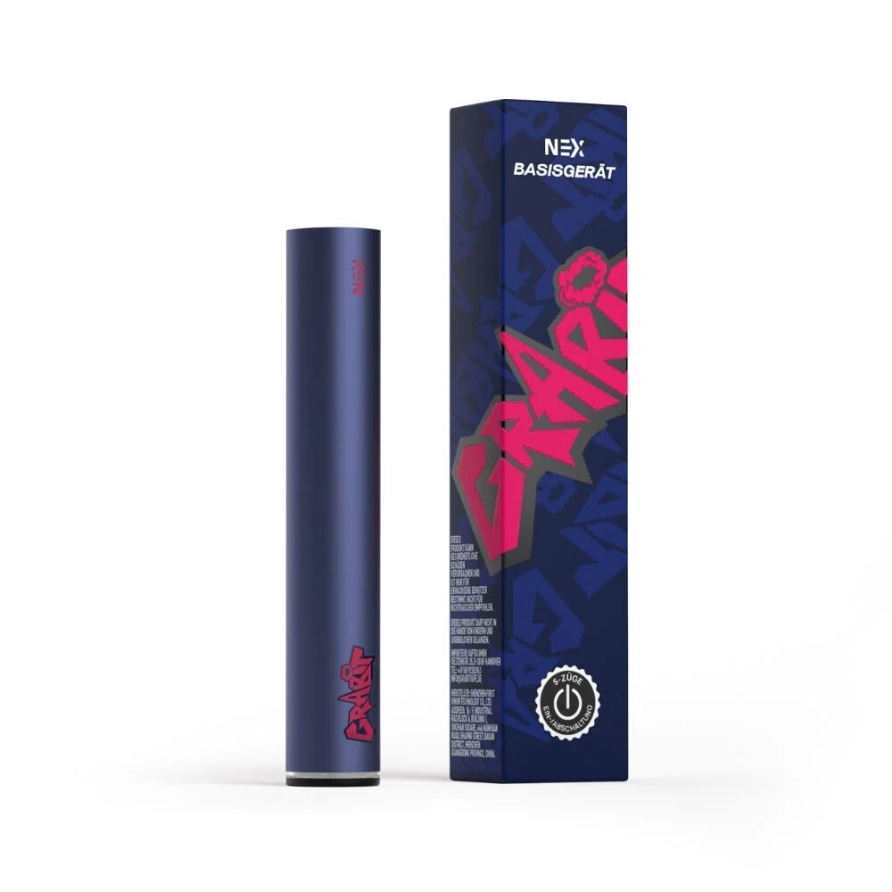 Blaues Grabit Nex Akku Basisgerät mit 500mAh Kapazität und auffälligem pinken Graffiti-Logo, neben passender Verpackung mit Branding.