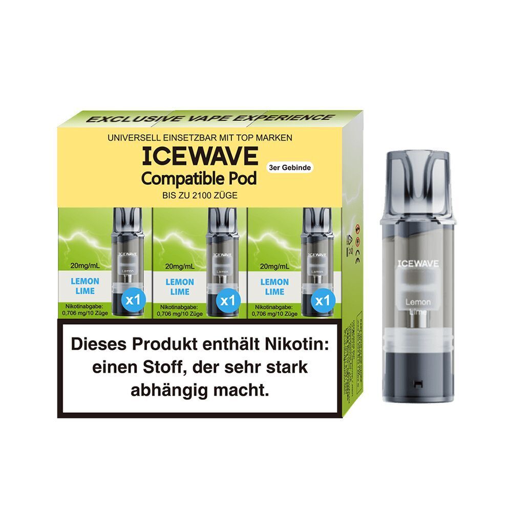 Icewave Pods - Lemon Lime 20mg Packung mit drei Icewave Lemon Lime Pods, 20mg Nikotin, warnender Text über Nikotinsucht auf der Verpackung, ein einzelner Pod daneben