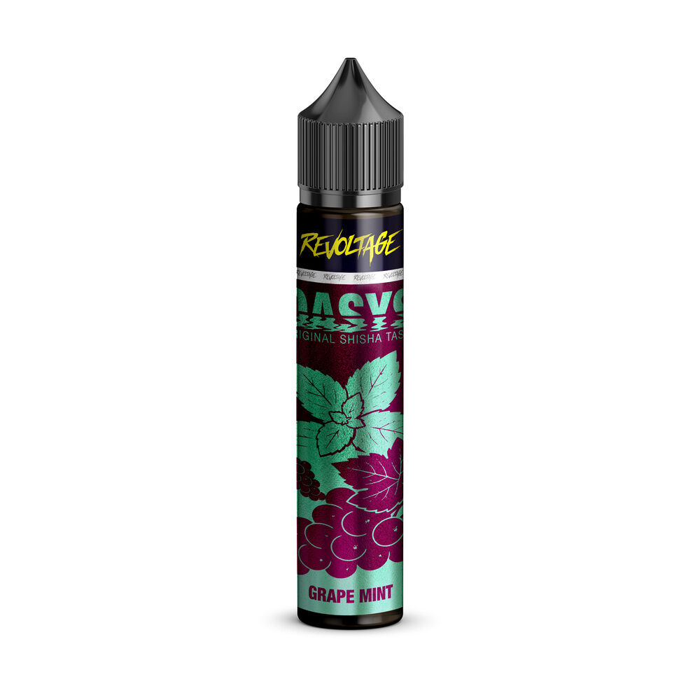 Revoltage Oasys Longfill Aroma Flasche mit Grape Mint, abgebildet sind Weintrauben und Minzblätter auf lila-grünem Hintergrund