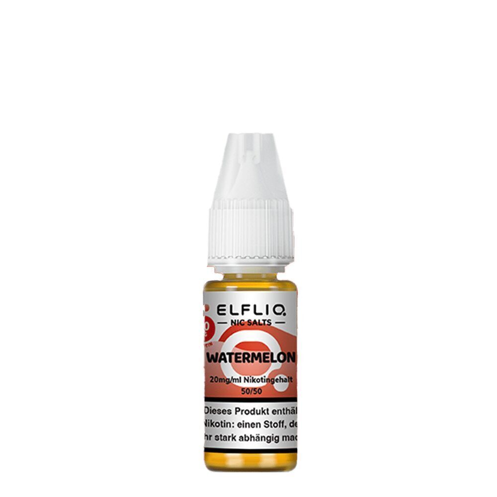Elfliq Nikotinsalz - Watermelon 20mg Elfliq Nikotinsalz-Flasche mit Watermelon-Geschmack, 20mg Nikotingehalt, weißer Verschluss, orangefarbenes Etikett mit Text.