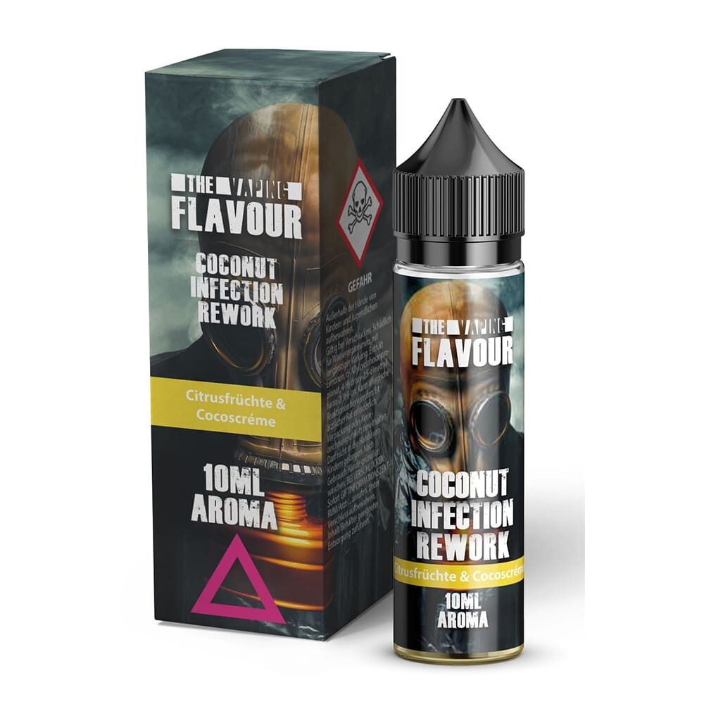 E-Liquid-Flasche und Verpackung mit Aufschrift "The Vaping Flavour Coconut Infection Rework", Thema Gasmaske, 10ml Aroma Citrusfrüchte & Cocoscrème.