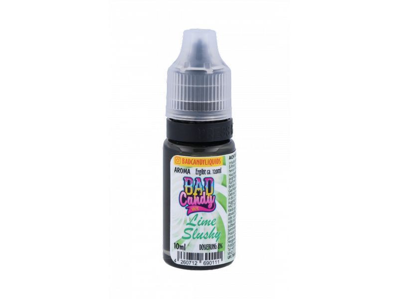 Aroma Lime Slushy von Bad Candy Bad Candy Aroma Lime Slushy in einer 10 ml Flasche mit schwarzer Kappe und buntem Etikett, das Produktinformationen zeigt.