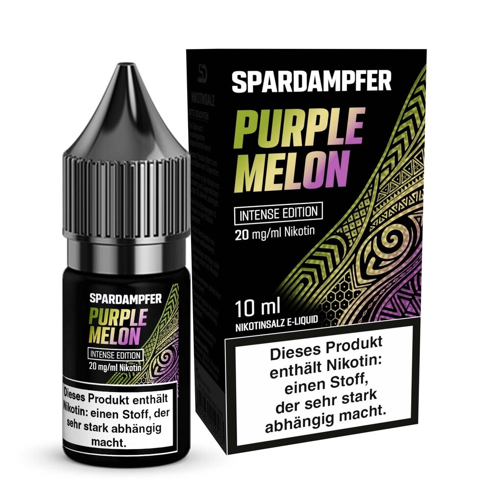 Spardampfer-Nikotinsalz-Purple-Melon-20mg.jpg Spardampfer Purple Melon Nikotinsalz 10 ml Flasche und Verpackung mit intensiver Edition 20 mg/ml Nikotin; enthält Suchthinweis.