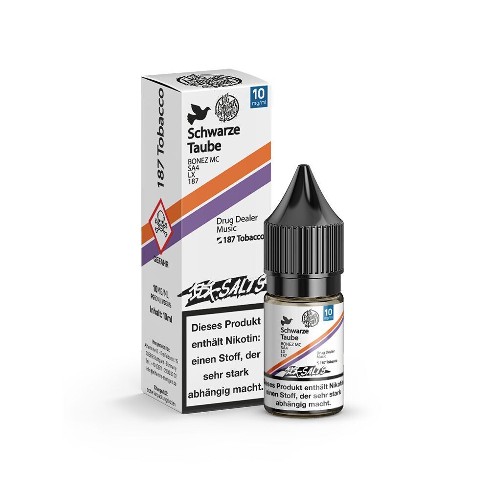 187 Strassenbande Liquid - Schwarze Taube 10mg 187 Strassenbande Liquid Schwarze Taube 10mg in einer Flasche mit 10ml, daneben die Verpackung mit Warnhinweisen und Labeldesign