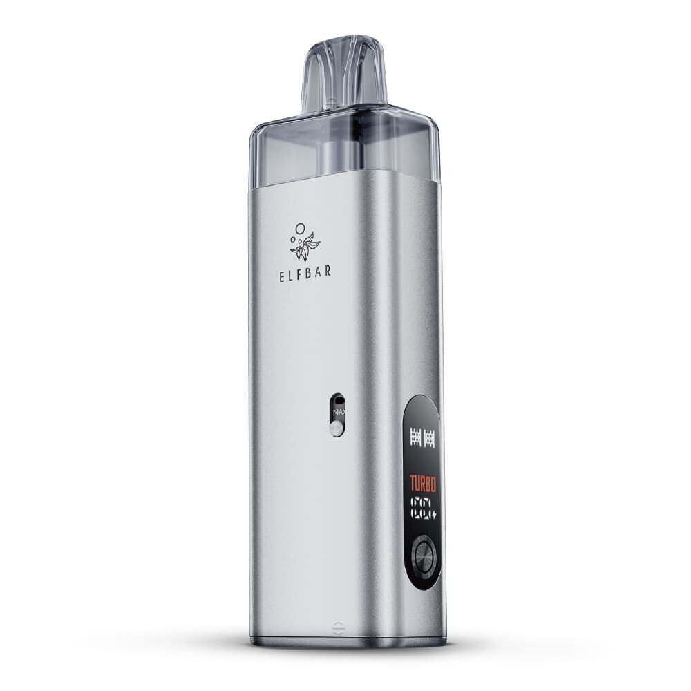 Elfbar Elfx Mega Pod Kit in Silber mit transparentem Pod, Displayanzeige mit „TURBO“ und runden Einstellungen an der Vorderseite