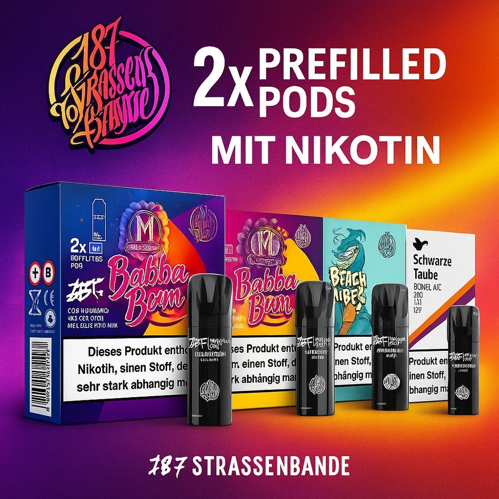 187 Strassenbande Pods - 2 Stück - Mit Nikotin 187 Strassenbande Pods – Nikotinsalz 20mg, 2x vorgefüllt, Verpackungen mit buntem Design, vier Pods vor blauem und orangem Hintergrund.