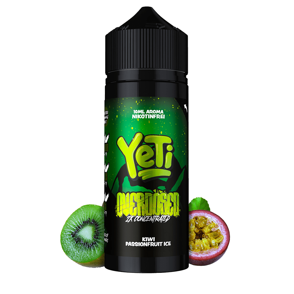 Aroma Kiwi Passionfruit Ice von Yeti Yeti Aroma Kiwi Passionfruit Ice Flasche mit Kiwischeiben und Passionsfrucht auf grünem Hintergrund