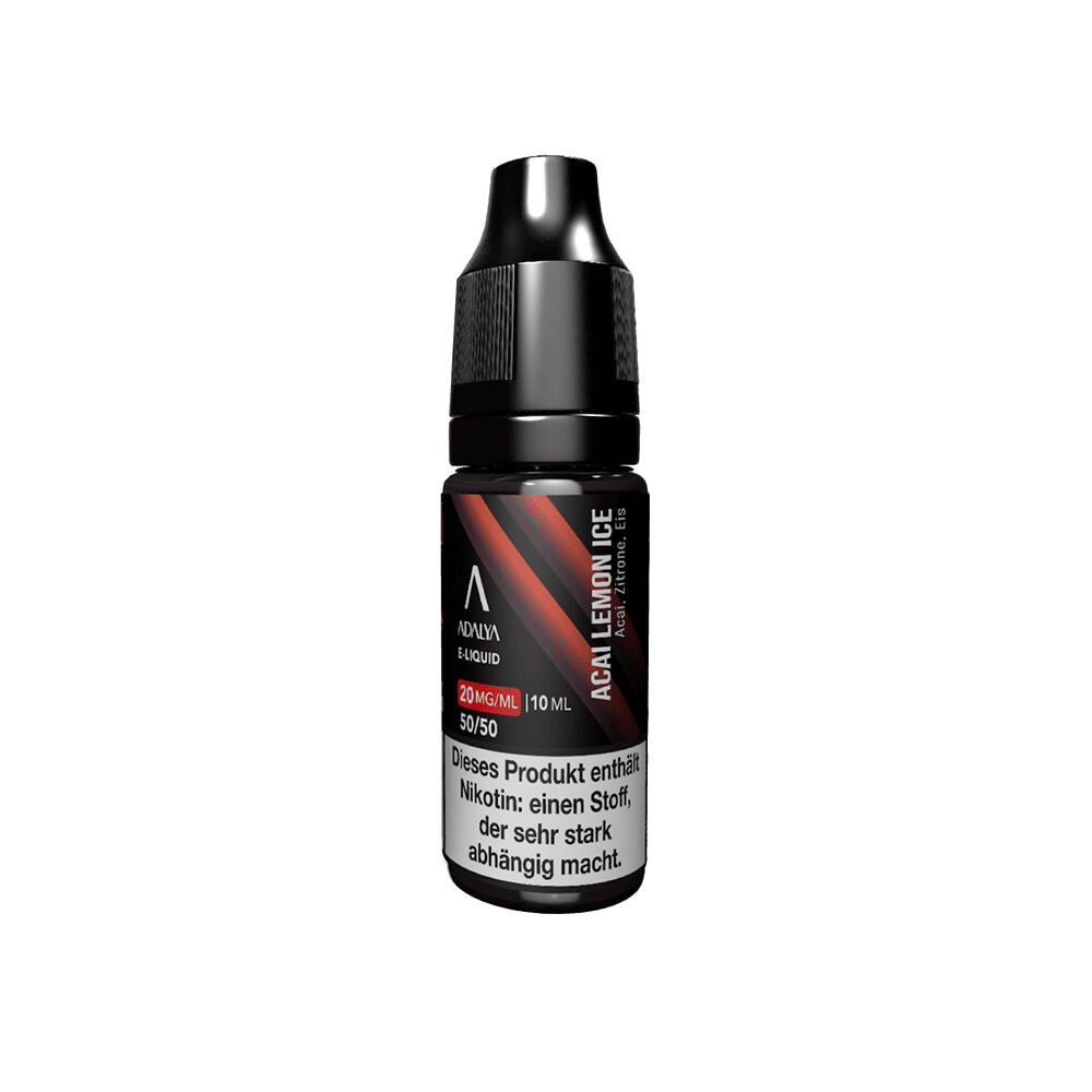 Adalya Nikotinsalz - Lemon Ice 20mg Flasche Adalya Nikotinsalz Lemon Ice 20mg, 10ml, mit Warnhinweis auf Nikotinabhängigkeit, schwarzes Etikett mit rotem Design.