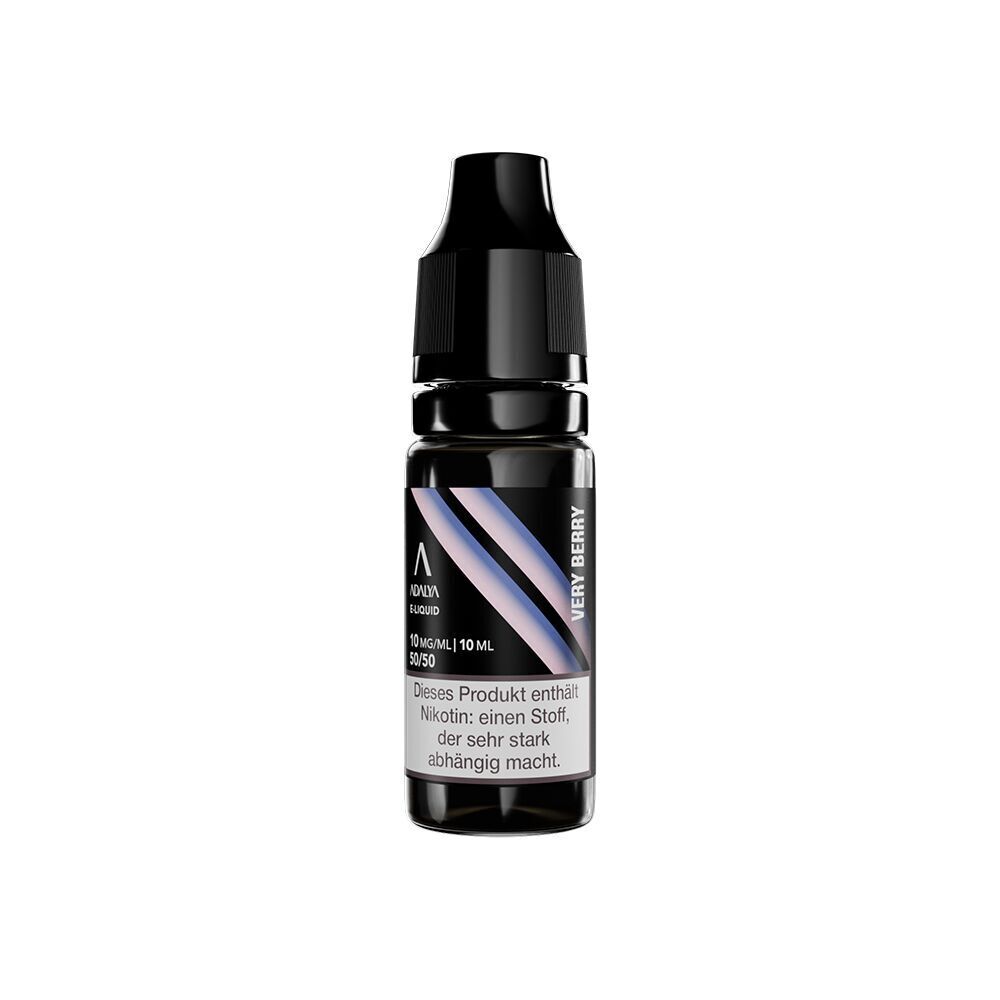 Liquid Verry Berry 10mg - Adalya Nikotinsalz Adalya Nikotinsalz-Verry Berry Flasche mit schwarzem Deckel, 10 ml, enthält Nikotin, das abhängig macht; blau-weiße Linie auf dem Etikett.