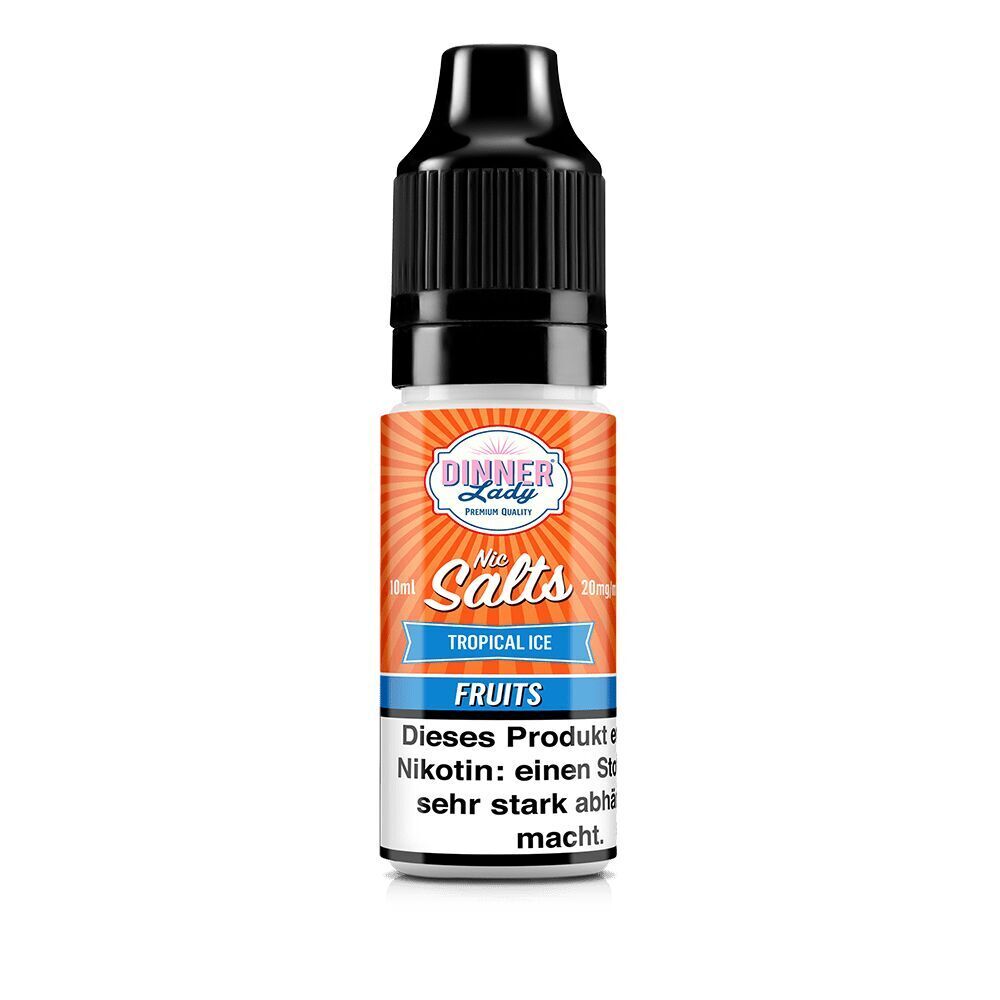 Flasche Dinner Lady Nikotinsalz 20 mg Tropical Ice, orange-weißes Etikett mit blauen und schwarzen Text, 10 ml Inhalt, Warnhinweis unten