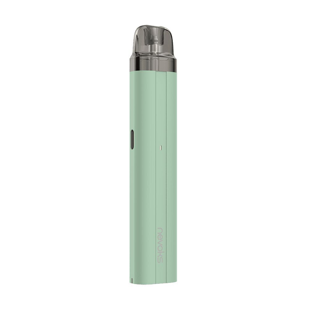 Nevoks Feelin AR Pod Kit in Mintgrün mit durchsichtigem Pod oben und seitlichem Knopf, Markenname "nevoks" sichtbar auf der Seite