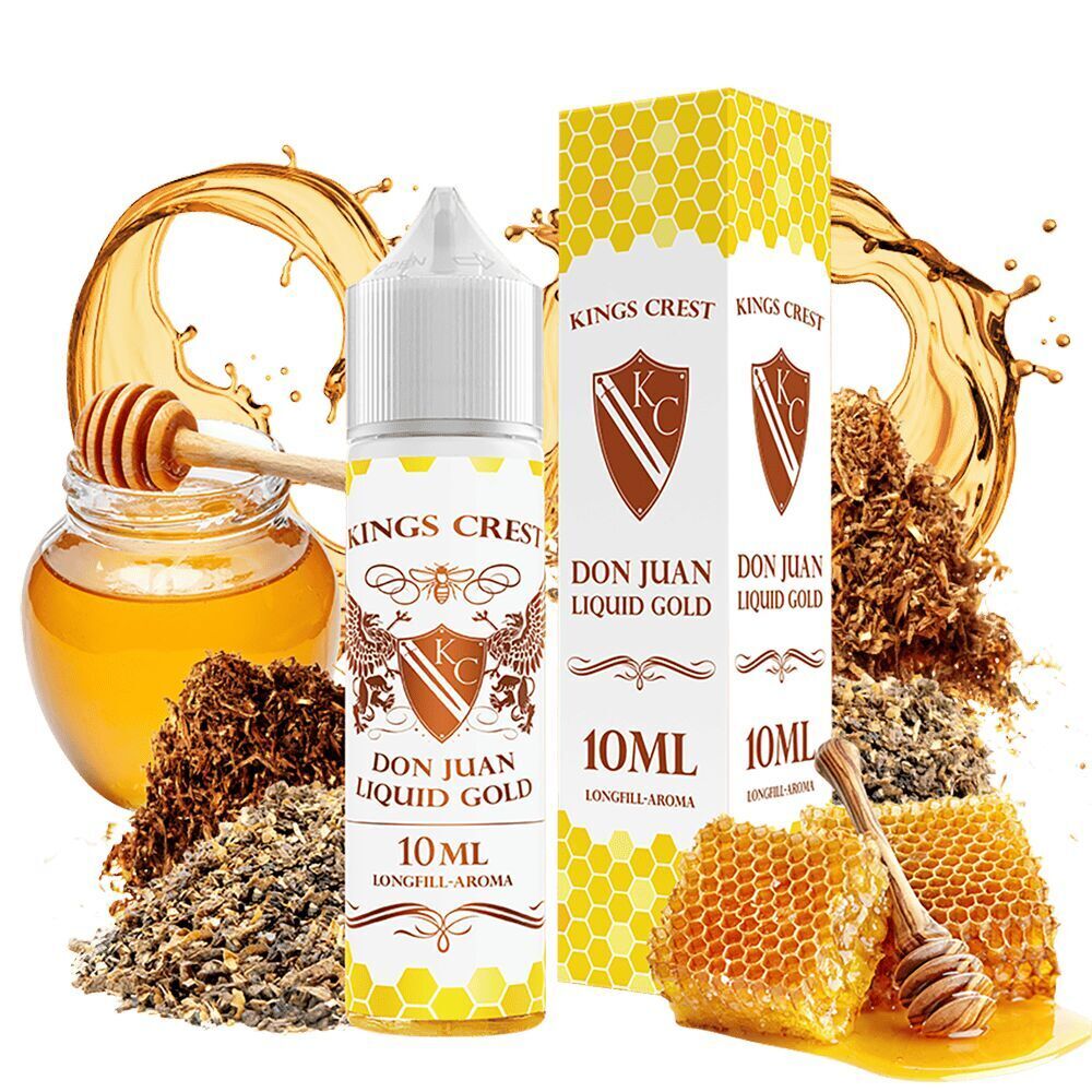 Kings Crest Aroma - Don Juan Gold Kings Crest Aroma Don Juan Gold mit Honig, Tabakblättern und flüssigem Honig illustriert, Box und Flasche zeigen das Logo und Aromadetails.
