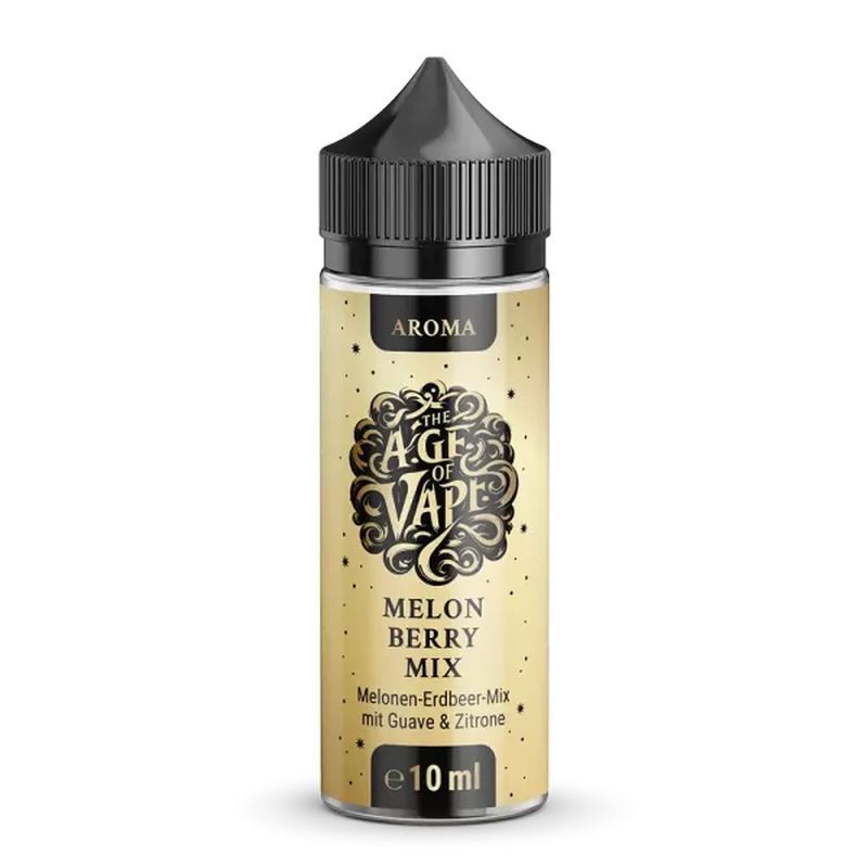 Aroma Melon Berry Mix Aroma von The Age of Vape Vape-Aroma-Flasche mit schwarzem Deckel, goldenem Etikett, Aufschrift "The Age of Vape Melon Berry Mix", 10 ml, Melonen-Erdbeer-Geschmack.