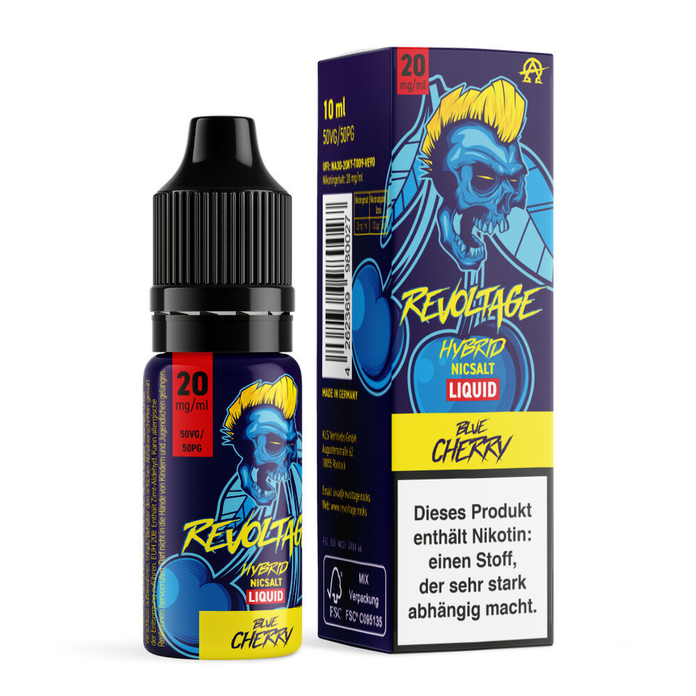 Revoltage Hybrid Liquid - Blue Cherry Revoltage Hybrid Liquid Blue Cherry 20mg Packung und Flasche, blau-gelbes Design mit Totenkopf-Illustration, enthält Nikotin-Warnhinweis.