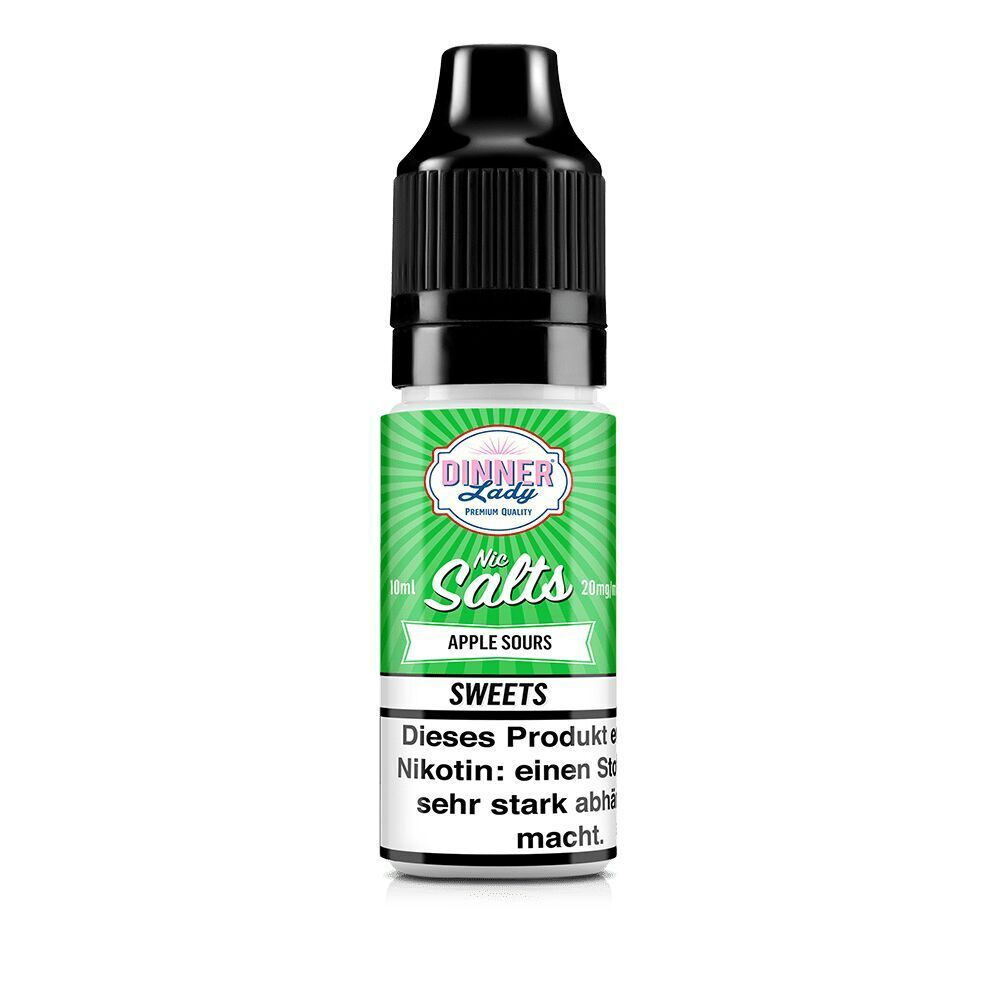 Dinner Lady Nikotinsalz Apple Sours 20mg Flasche mit grünem Etikett, schwarzem Verschluss und Warnhinweis über Nikotingehalt und Abhängigkeitspotenzial