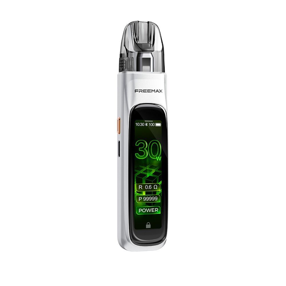 Freemax Rexa Pro Pod Kit - White Freemax Rexa Pro Pod Kit in Weiß mit schwarzem Display, zeigt 30W, Akkustand und Leistungsinfos; transparentes Mundstück oben.