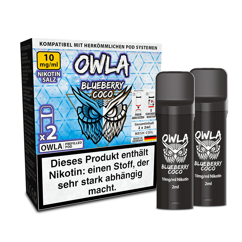 Owla Pods Blueberry Coco 10mg mit zwei schwarzen Nikotin-Pods und Eulen-Design, kompatibel mit herkömmlichen Pod-Systemen, Warnhinweis enthalten