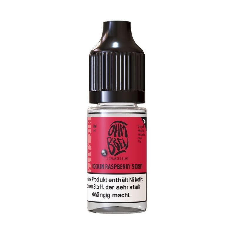 Ohm Brew Nikotinsalz - Rocking Raspberry Sorbet Ohm Brew Nikotinsalz-Flasche mit roten Etikett "Rocking Raspberry Sorbet", einer Nikotin-Warnung und schwarzem Deckel.