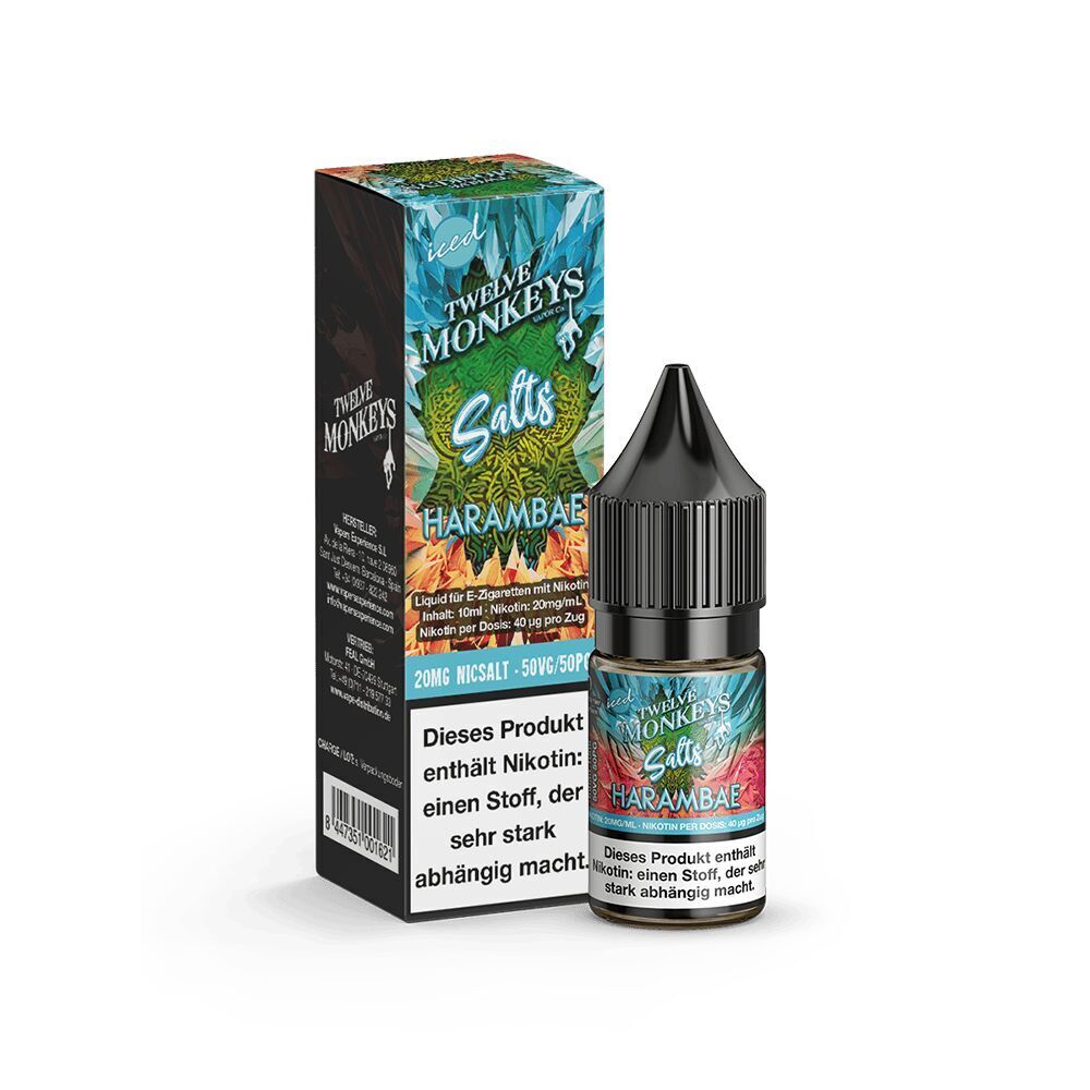 Liquid Harambae 20mg - Twelve Monkeys Flasche und Verpackung des Produkts Twelve Monkeys Nikotinsalz Harambae 20mg, mit auffälligem, farbigem Design und Warnhinweis auf Nikotinsucht.