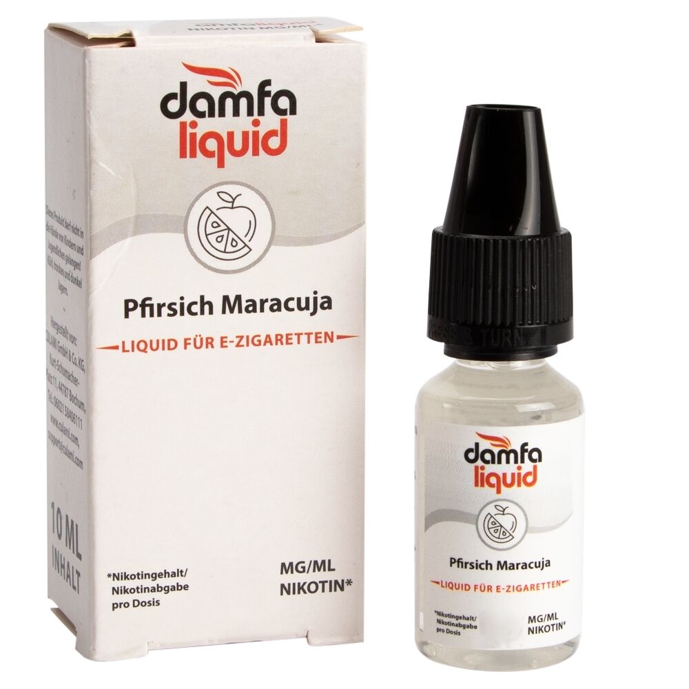 Liquid Pfirsich Maracuja 12mg - Damfaliquid Verpackung und Flasche von Damfaliquid Pfirsich Maracuja Liquid für E-Zigaretten, 10 ml Inhalt, 6 mg Nikotin, auf weißem Hintergrund.