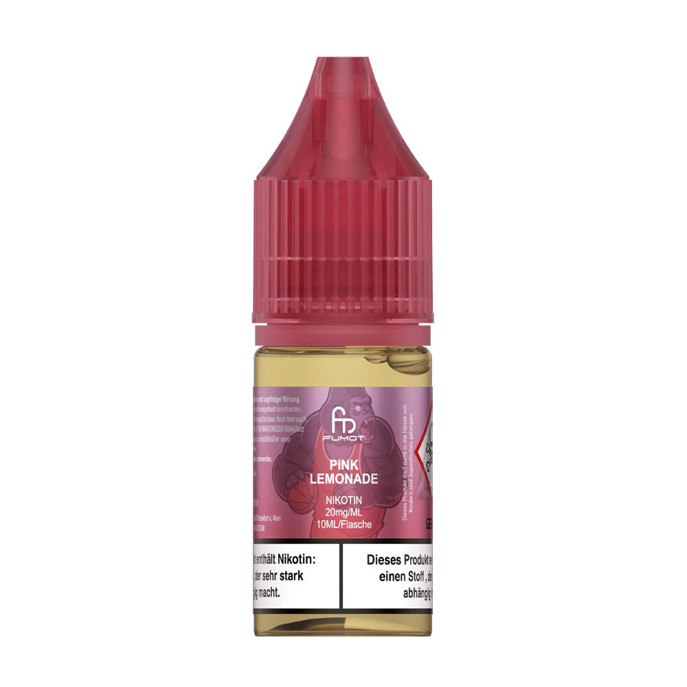 RandM Tornado Nikotinsalz Liquid RandM Tornado Pink Lemonade Nikotinsalz Liquid 20mg Flasche mit rotem Deckel, 10ml, Sicherheitswarnungen und Inhaltsstoffangaben sichtbar