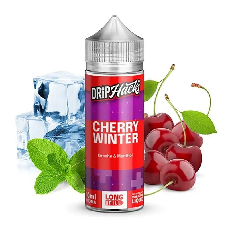 Aroma Cherry Winter von Drip Hacks Drip Hacks Aroma Cherry Winter Flasche mit Kirschen, Eiswürfeln und Minzblättern im Hintergrund, auf rotem und violettem Etikett.