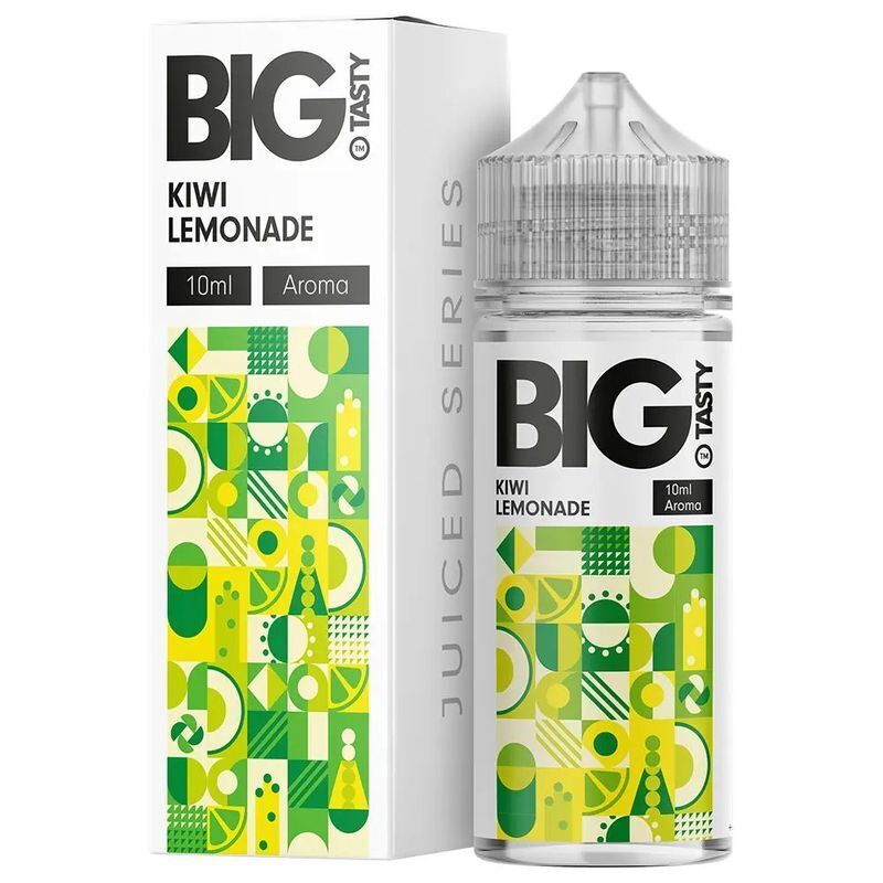Aroma Kiwi Lemonade von Big Tasty Big Tasty Kiwi Lemonade Aroma Flasche (10ml) und Schachtel mit farbigem Muster aus Zitronen- und Kiwisymbolen in Grün- und Gelbtönen.