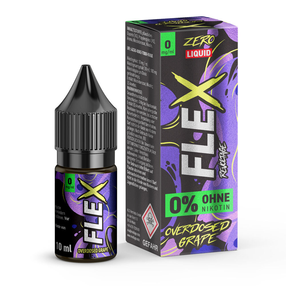 Revoltage Flex Nikotinsalz - Grape Revoltage Flex Nikotinsalz-Flasche und Verpackung, beide mit auffälligem lila Design und Text "0% ohne Nikotin", "Overdosed Grape" sichtbar.