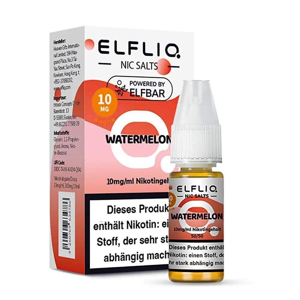 Elfliq Nikotinsalz - Watermelon 10mg Elfliq Nikotinsalz Watermelon 10mg Flasche und Verpackung, mit sichtbar rotem und orangem Design sowie 50/50 Nikotingehalt Hinweis.
