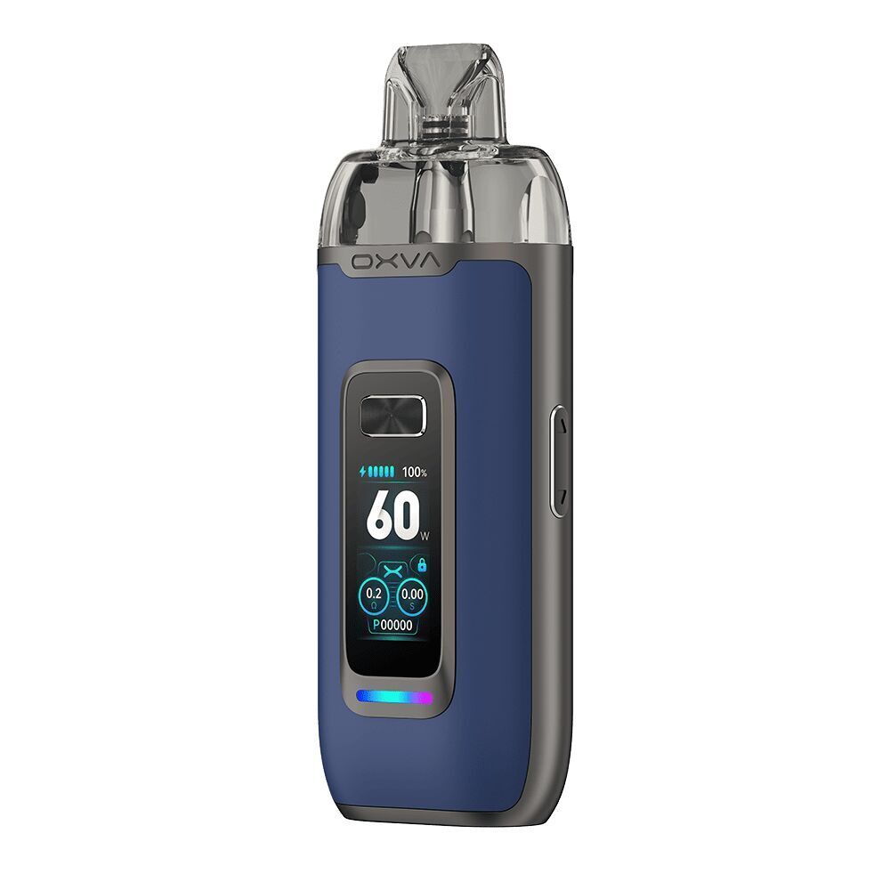 Oxva Vprime Pod Kit in der Farbe Blue Leather Oxva Vprime Pod Kit in Blau mit Ledermuster, Display zeigt 60 Watt, transparentes Mundstück und seitlicher Knopf sichtbar